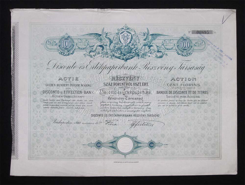 Disconto- s rtkpaprbank rszvny 100 forint 1890